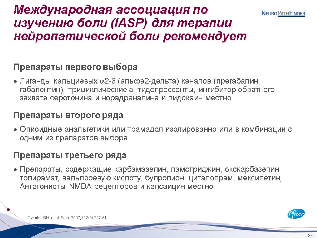 36 Международная ассоциация по изучению боли (IASP) для терапии нейропатической боли рекомендует Препараты первого